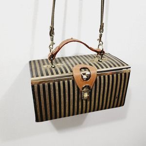 Designer Inspired Vintage 1980s Stripe Box Train Case Shoulder Bag Leather